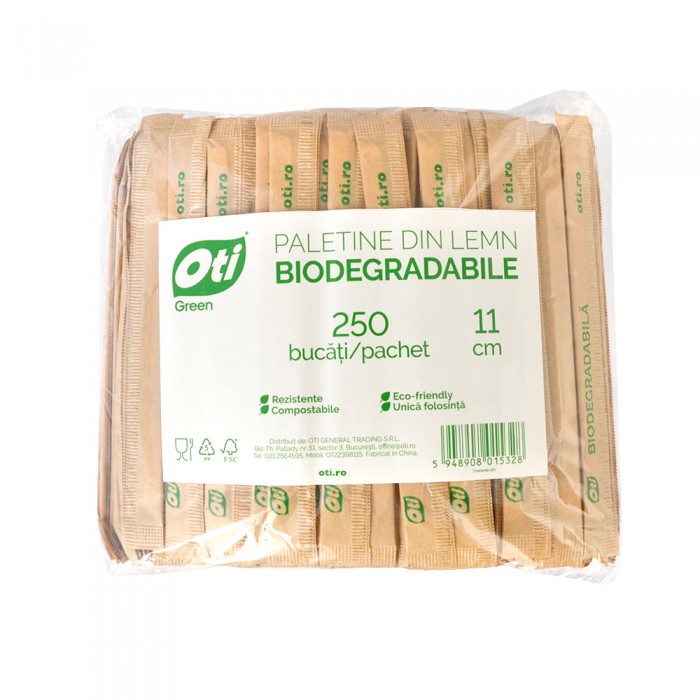 Paletine din lemn biodegradabile, ambalate individual, 11 cm, 250 buc./pachet