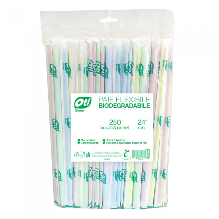 Paie biodegradabile flexibile din PLA, ambalate individual, 24 cm, 250 buc./pachet