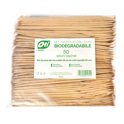 Set tacamuri din lemn biodegradabile in ambalaj hartie, furculita+cutit, 50 seturi/pachet